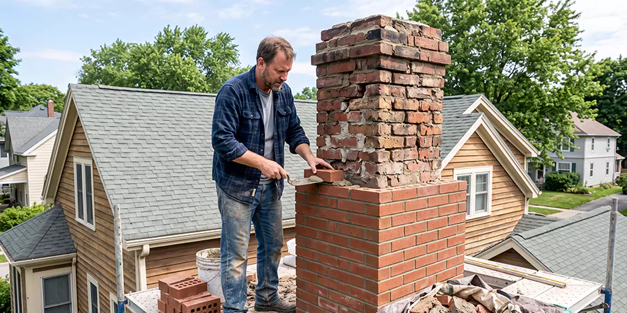 Old and Crumbling Brick Chimney Rebuild New Braunfels